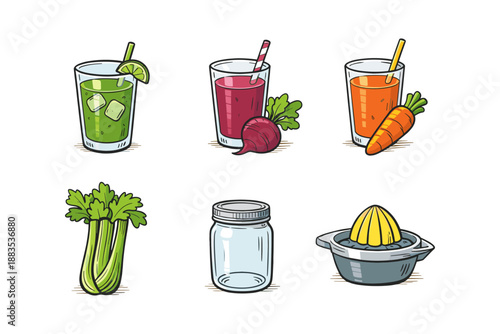 Colorful fresh juice and ingredients collection with hand drawn style