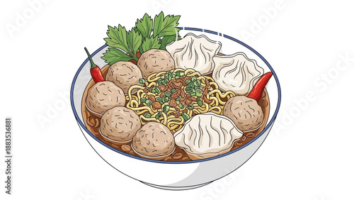Bowl of Noodles with Meatballs and Dumplings.