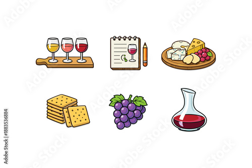 Wine tasting essentials: glasses, notebook, cheese, crackers, grapes, and decanter