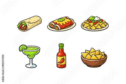 Mexican food icons: burrito, enchiladas, nachos, margarita, hot sauce, chips bowl
