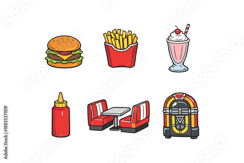 Retro diner elements: burger, fries, milkshake, and vintage decor icons
