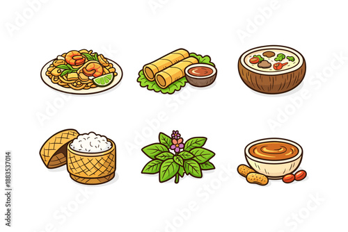 Thai cuisine icons: pad thai, spring rolls, green curry, sticky rice, basil, peanut sauce