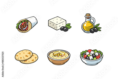 Colorful icons of mediterranean cuisine including wrap, cheese, and salad