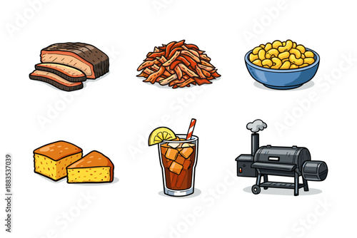 Texas barbecue icon set: brisket, pulled pork, macaroni, cornbread, iced tea, bbq smoker