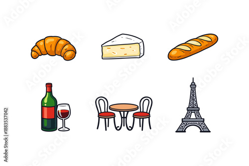 French cuisine and culture icons set with paris landmarks