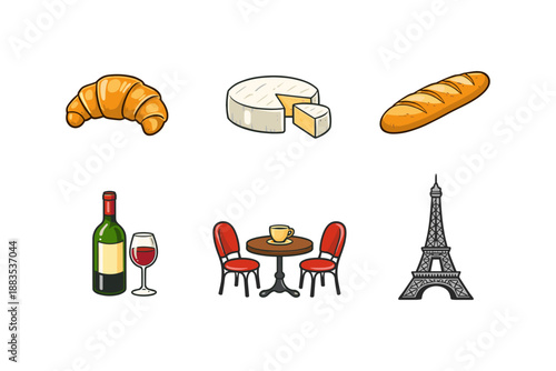 French cuisine icons: croissant, cheese, baguette, wine, cafe, eiffel tower