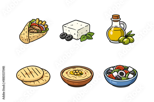 Mediterranean cuisine elements: wrap, cheese, olive oil, pita, hummus, greek salad