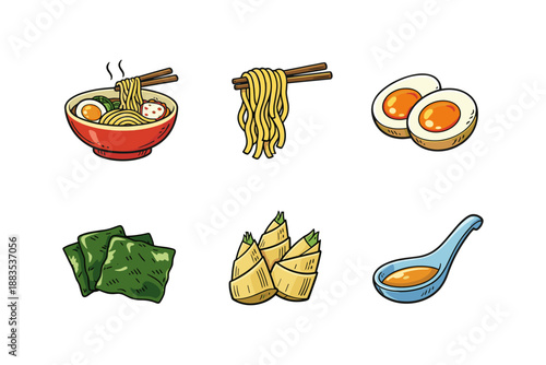 Japanese ramen ingredients icons: noodles, eggs, seaweed, bamboo shoots, sauce