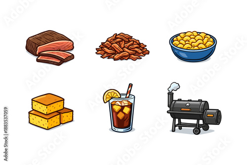 Variety of bbq foods and smoky grill icons in cartoon style