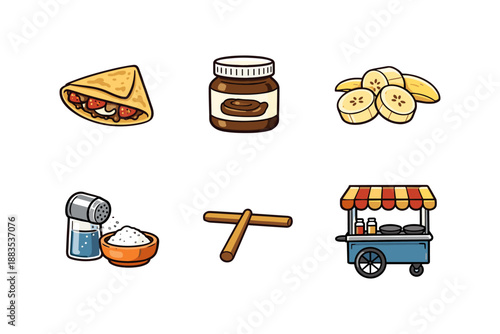 Cartoon icons of delicious crepes and ingredients: banana, chocolate, and more