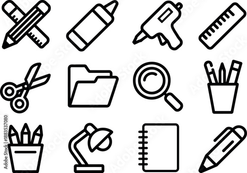 A collection of twelve simple outline icons representing various office and school supplies for creative projects or stationery organization