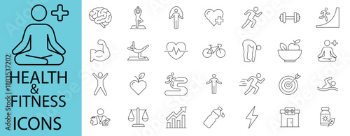 Health and Fitness Icons. Features icons of yoga, gym, diet, running, swimming, and brain. Perfect for wellness apps, lifestyle UI, and websites.
