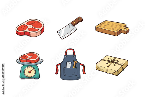 Hand drawn butcher tools and meat elements set on white background