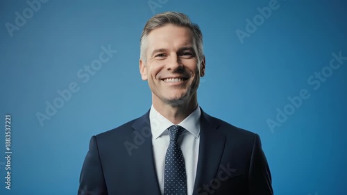 Smiling middle-aged male in formal business attire on a blue background 