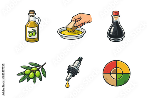 Hand dipping bread in olive oil with balsamic vinegar and ingredients