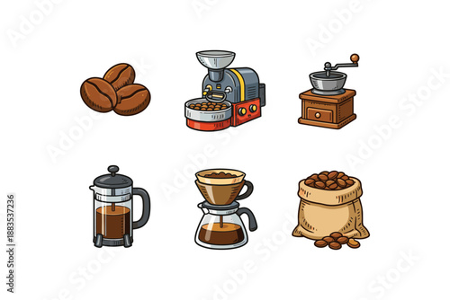 Coffee equipment set: brewing tools and beans in colorful cartoon style