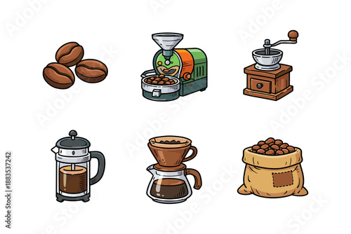 Rustic coffee icons: beans, grinders, and brew methods in cartoon style