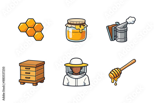 Colorful icons of beekeeping elements for honey and apiary enthusiasts