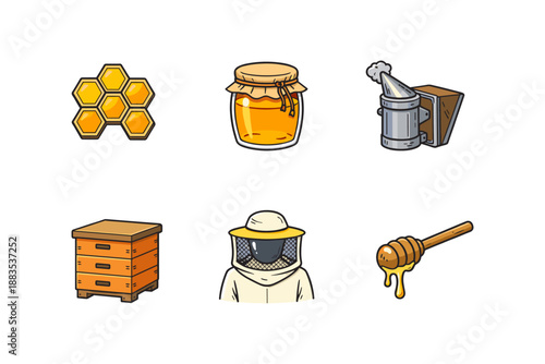 Honey beekeeping icons set: hive, honey jar, smoker, protective suit, dripper