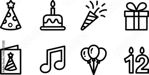 A collection of festive birthday icons including a party hat cake with candle party popper gift box greeting card musical note balloons and number twelve candles