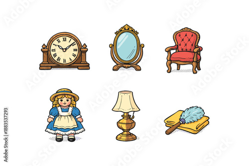 Vintage home decor collection: clock, mirror, chair, doll, lamp, feather duster