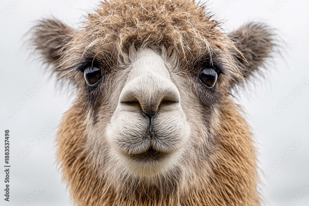 Fototapeta premium Close view of a camel in a field during cloudy weather