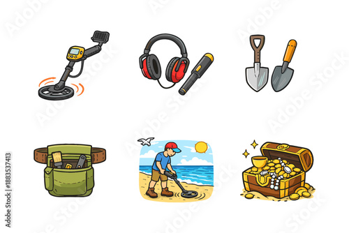 Treasure hunting gear and activities: metal detector, tools, and treasure chest