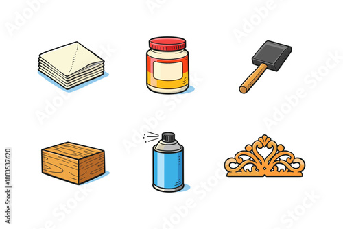 Set of woodworking tools and materials with highlighted outline style for craft projects