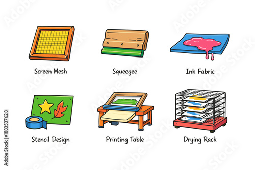 Screen printing essentials: mesh, squeegee, ink, stencil, printing, and drying rack