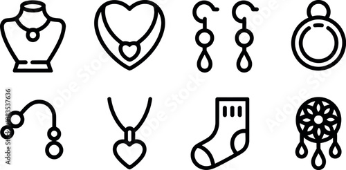 Collection of eight minimalist line art icons representing jewelry and accessories including necklaces earrings bracelets rings sock and dreamcatcher isolated on transparent background