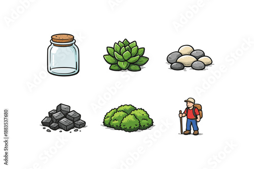 Outdoor adventure and nature icons featuring hiking, plants, and stone elements