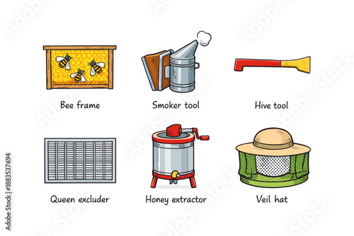 Beekeeping equipment icons: tools and accessories for honey harvesting
