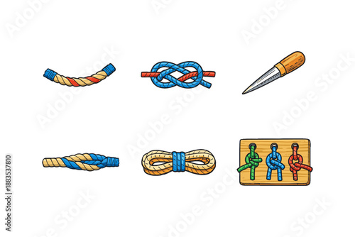 Colorful knot icons set featuring rope and marlinspike tools