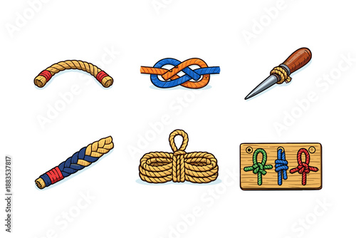 Colorful nautical rope knot icons with tool and tutorial board
