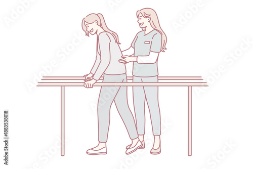 Healthcare and recovery rehabilitation concept. Smiling positive girl walking with wooden support along body and woman doctor helping her in rehabilitation program vector illustration