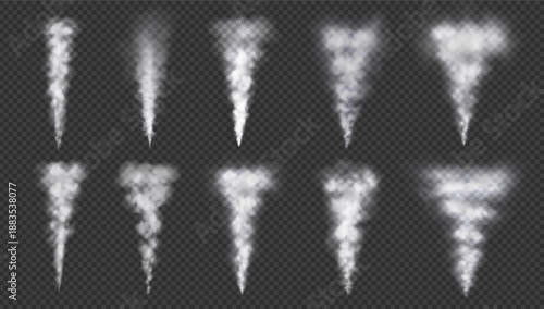 Realistic white smoke trail overlay on transparent background for compositing, motion graphics, digital art, and photo effects. High resolution asset for Photoshop, Illustrator, After Effects, and sim