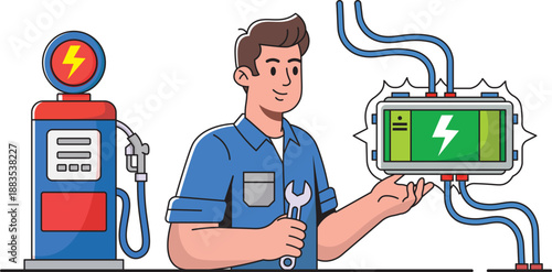 Technician Recharging Electric Vehicle Battery