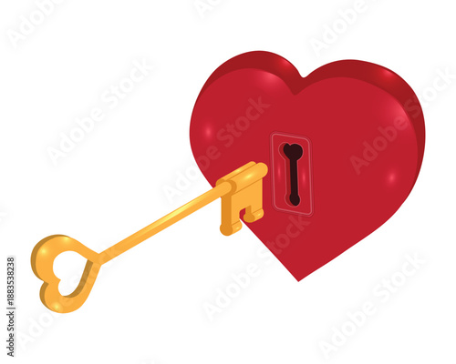 Vector illustration design of a love or heart shaped key made of gold that appears to be being inserted into a large red love or heart symbol