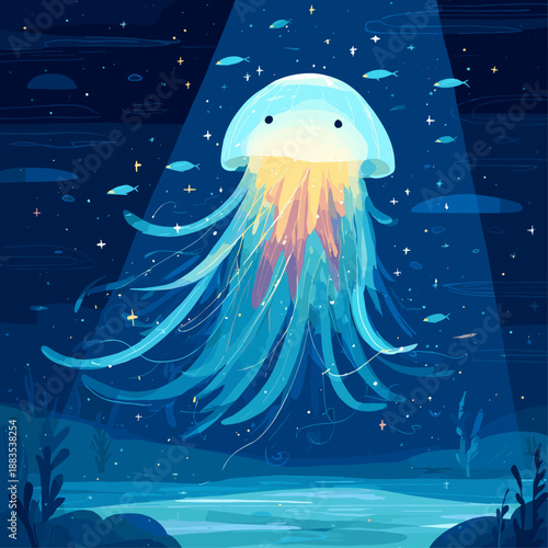 Majestic Bioluminescent Jellyfish in Deep Sea Vector Illustration