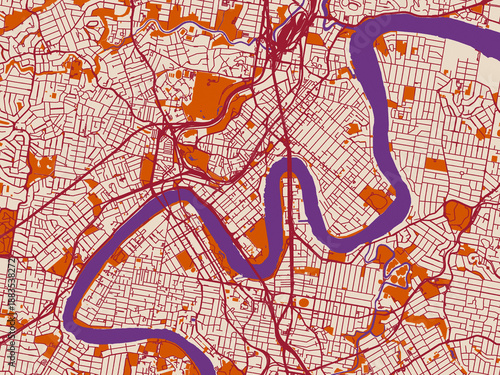 Minimal city map of Brisbane center, Australia with muted violet water and terracotta