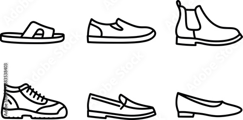 Collection of six simple outline icon illustrations representing different types of footwear isolated on a white background