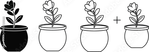 a line drawing depicting four potted plants in various stages of growth