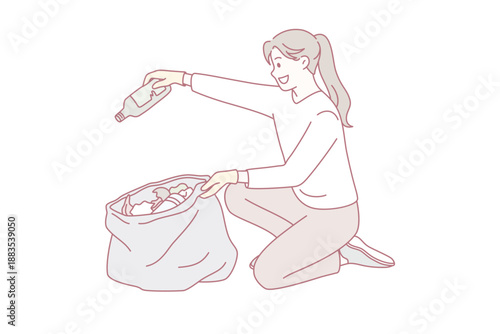 Ecology and environment saving concept. Smiling girl sitting and picking up collecting garbage trash to bag in gloves taking care of ecological situation vector illustration