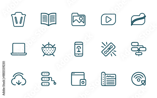 Set of minimalist linear web and tech icons. Bin, folder, video, laptop, bug, cloud, server and flowchart symbols isolated on white background.
