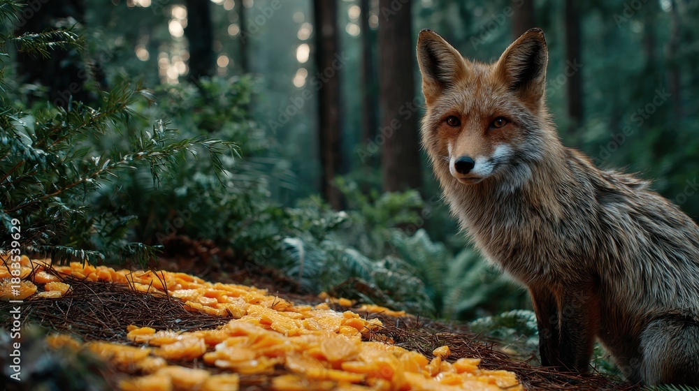 Fototapeta premium Fox observes food laying on the ground in a forest during a bright day