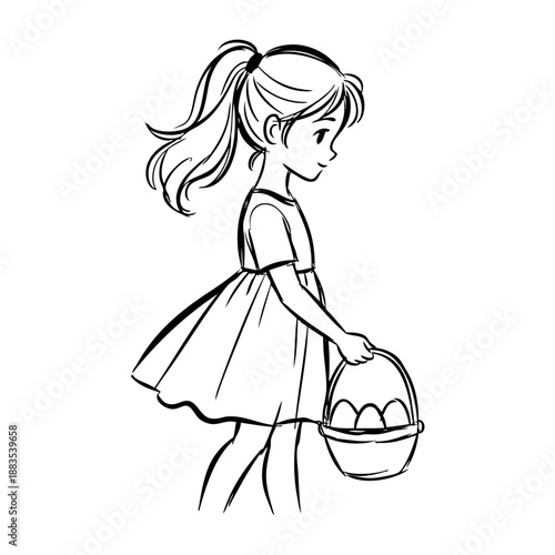 Dibujo sencillo de una niña de pie sosteniendo en la mano una cesta llena de huevos de pascua