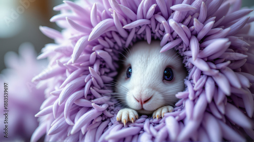 Curioso encantador conejito blanco y esponjoso asomado por corona floral de suaves flores moradas. Caprichoso, pétalos delicados, estética de ensueño y magia, primavera, naturaleza e inocencia.