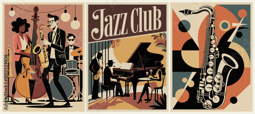 Stylized three-panel jazz club poster in retro art deco style featuring musicians, instruments, and geometric abstract designs in muted brown, teal, and orange tones.