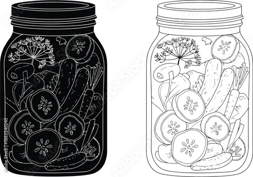 two glass jars filled with pickles dill and spices black and white outline illustration