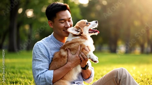Man with corgi dog in park enjoying sunny day portrait of happy person sitting on grass leisure activity